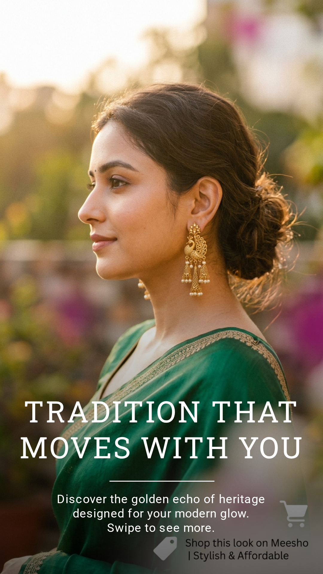 Woman wearing Pomelli peacock heritage earrings